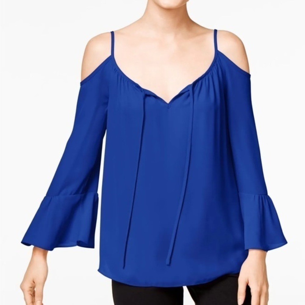 INC INTERNATIONAL CONCEPTS ROYAL BLUE BELL SLEEVE LINED COLD SHOULDER BLUE TOP 2